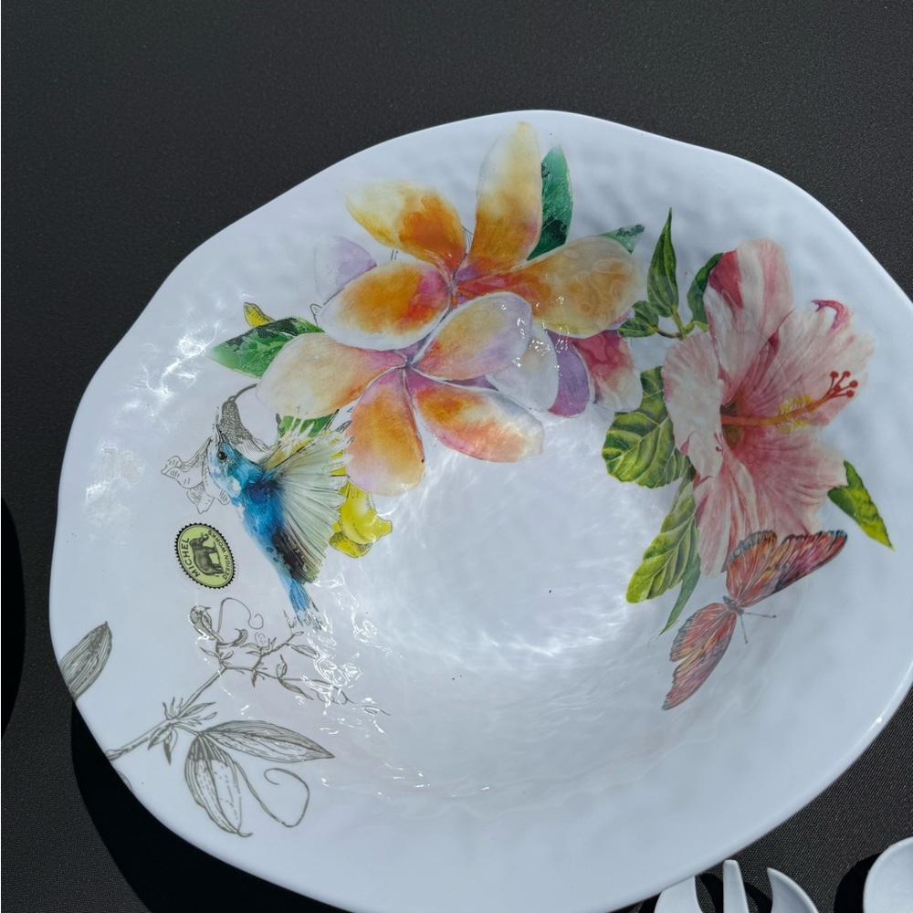 Elegant Michel Design tropical floral salad bowl and serving utensils. New.